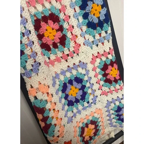 Handmade Crochet Granny Square Colorblock Floral Afghan Small Size Throw Blanket